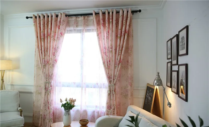 Blue Floral Curtain For Living Room Luxury Semi Blind Drape Window Panel Fabric Curtain For Bedroom Shading Pink Sheer HM386*30