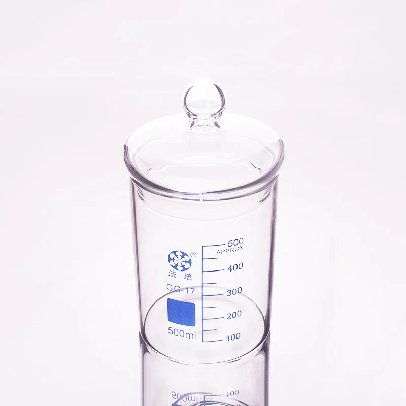 Beaker in low form without spout,Capacity 500ml,Outer diameter=90mm,Thickness=3mm,Height=120mm,Laboratory beaker