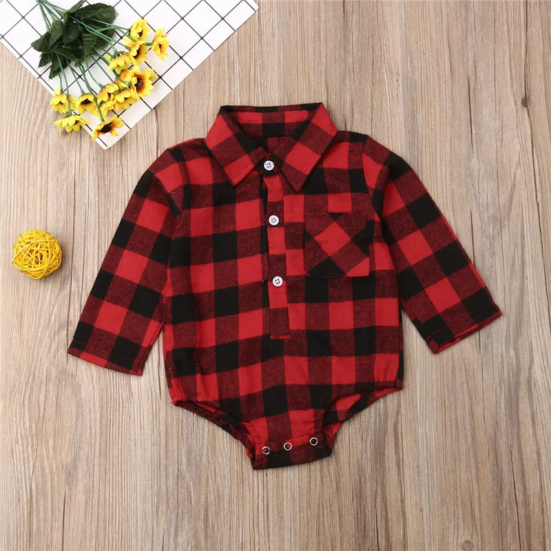 0-24M Christmas Baby Girls Clothes Long Sleeve Red Black Plaid Rompers Back Elk Print Boys Shirt Toddler Xmas Jumpsuits | Детская одежда