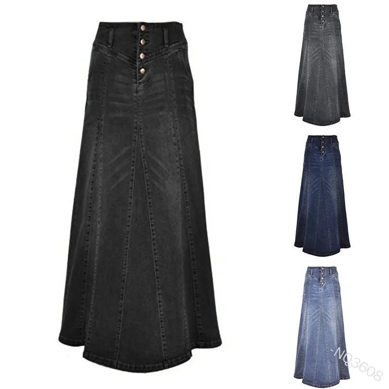 

Women Denim Skirt Button Pocket Stitching Washed White Old Ruffled Street Hipster High Waist Bag Hip Bust Fishtail Long Skirt