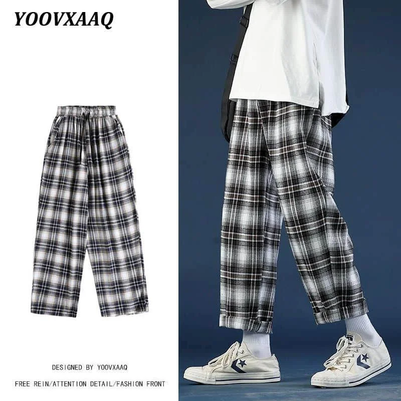 

DK корейские клетчатые брюки в стиле преппи прямые широкие штаны с высокой талией панк брюки трендовые черно-белые тонкие повседневные брюк...