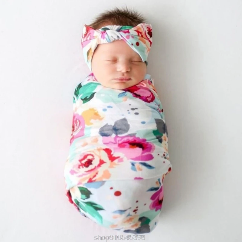 

2Pcs Newborn Baby Receiving Blanket Headband Set Infant Hair Accessories Floral Swaddle Wrap Sleeping Bag O27 20 Dropshipping