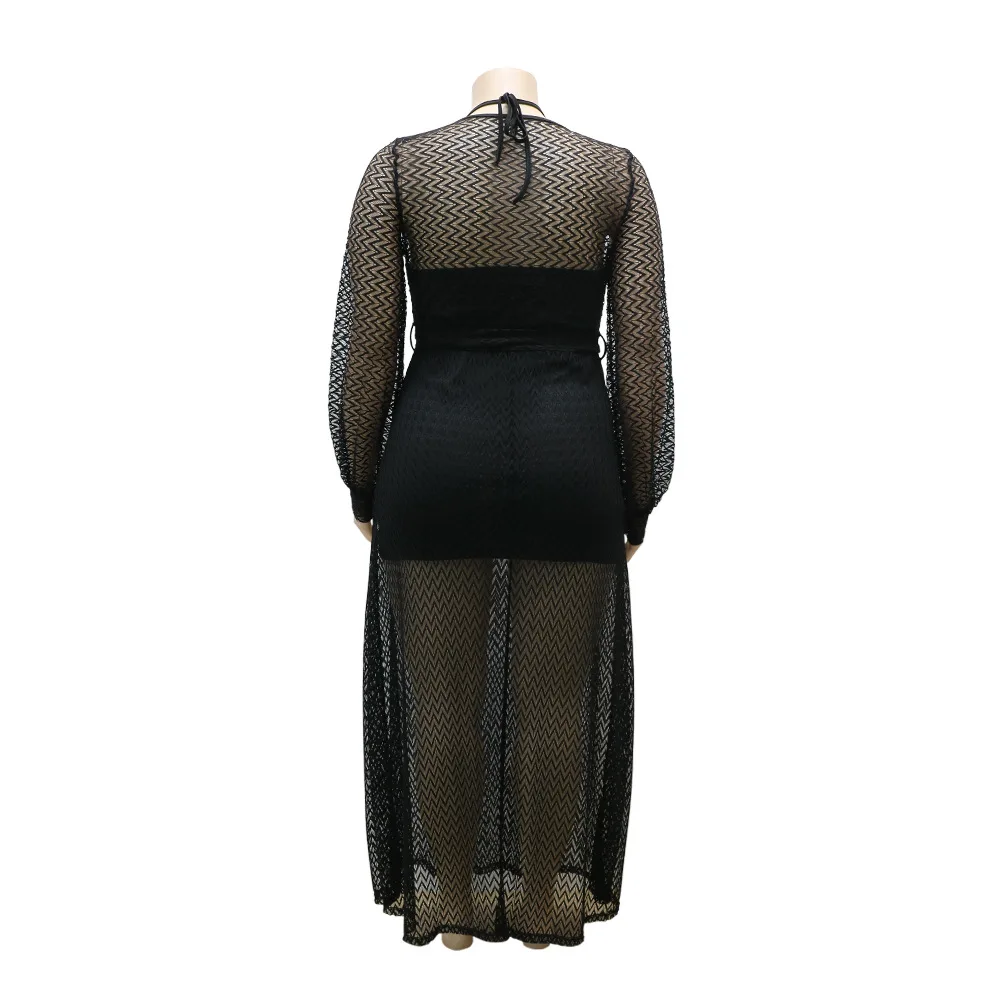 

Cutubly Plus Size XL-5XL Club Dress Sexy Mesh See Through Maxi Dresses Women Deep V Neck Long Dress With Camisole Lantern Sleeve