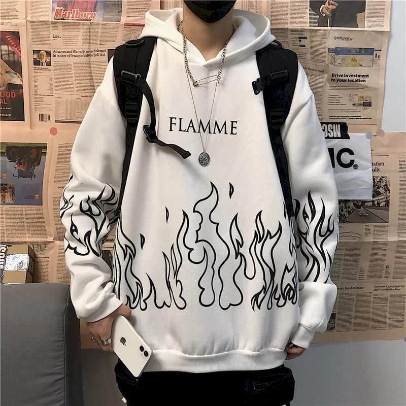 

New casual women's hoodie sweatshirt sleeve black female loose thick coat hoody tracksuit clothes top clothing Flame print