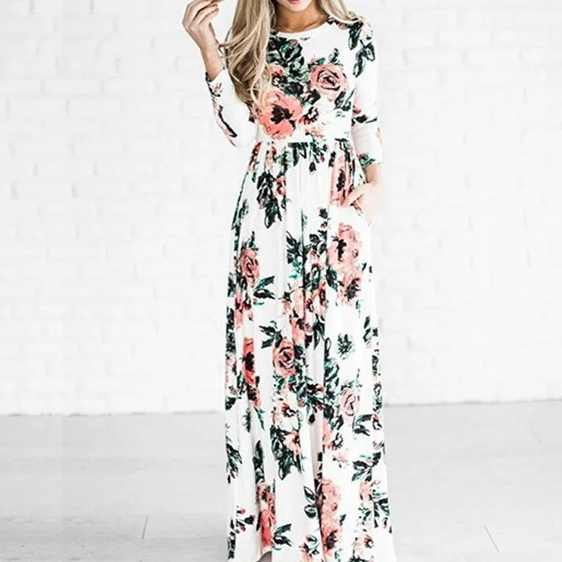 Womens Loose Floral Printed Round Neck Long Sleeve Cocktail Maxi Dresses | Женская одежда