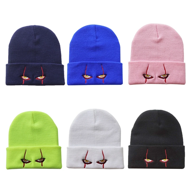 

6 Colors Winter Soft Outdoor Beanie Cap Solid Color Warm Knitted Hat Scary Eyes Hood Hat Unusual Outside Halloween Hats