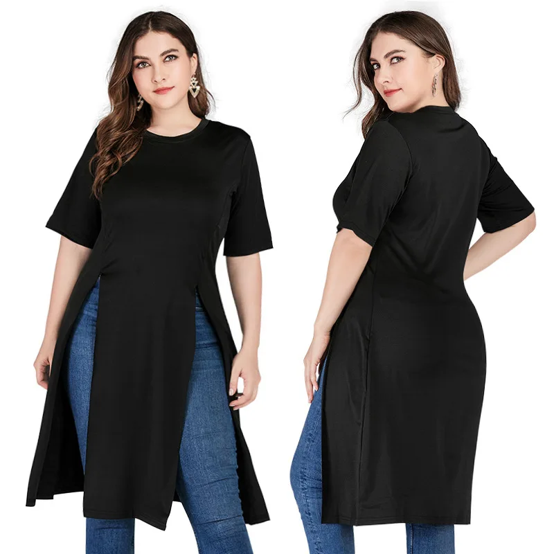 

Summer Women Plus Size Dress Fashion High Quality Short Sleeve Loose waist Asymmetrical Knee-Length Dresses Solid Casual Vestido
