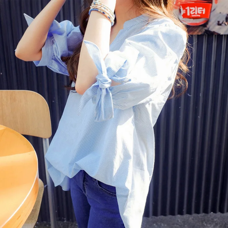 Женская блузка в тонкую полоску с коротким пышным рукавом синяя рубашка блуза v