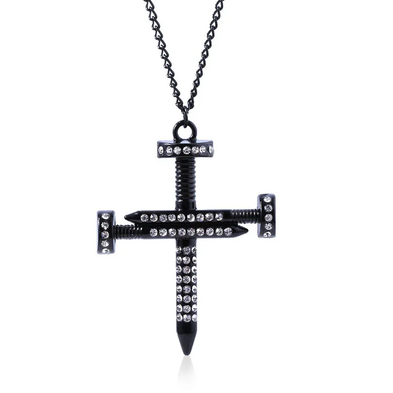 

Christian Cross Necklace Nail Zircon White Rhinestone Sacred Holy Religion Hip Pop Rock Blessing Nails Necklace