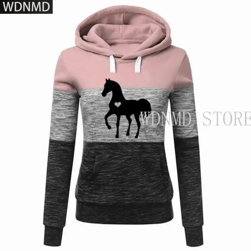 

Autumn Women Hoodies Horse Love Print Splice Sweatshirt Cotton Casual Fashion Street Hooded Tops Clothes S-4Xl