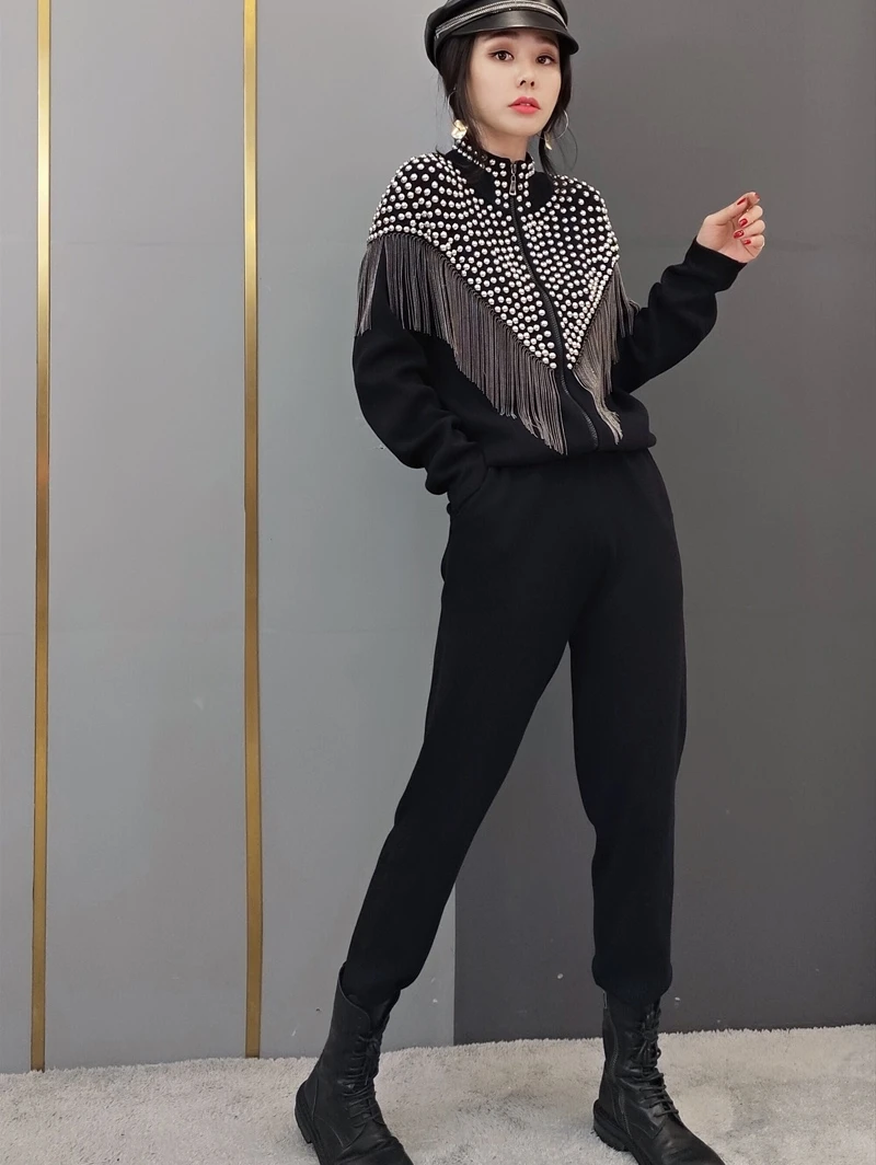 

Spring New Arrival 2020 New Suit Woman Fashion Rivet Tassel Knitted Cardigan + Casual Trousers Two-piece Cotton Elastic Waist