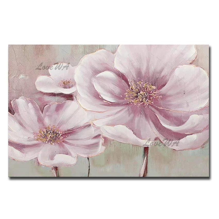 

Unframed 100% Hand-painted Palette Knife Canvas Pink Flower Oil Painting Floral Wall Art Living Room Picture Home Decoration