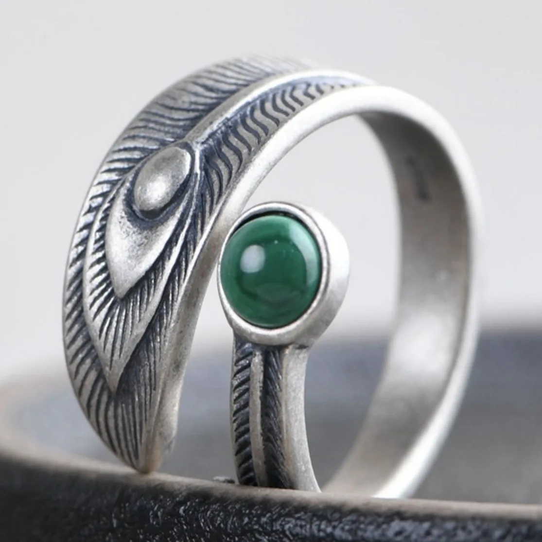 

S925 Fine Jewelry Resizable Feather Rings All Fingers For Men And Women Sterling Silver Vintage Malachite Ring 2021 Trend Gifts