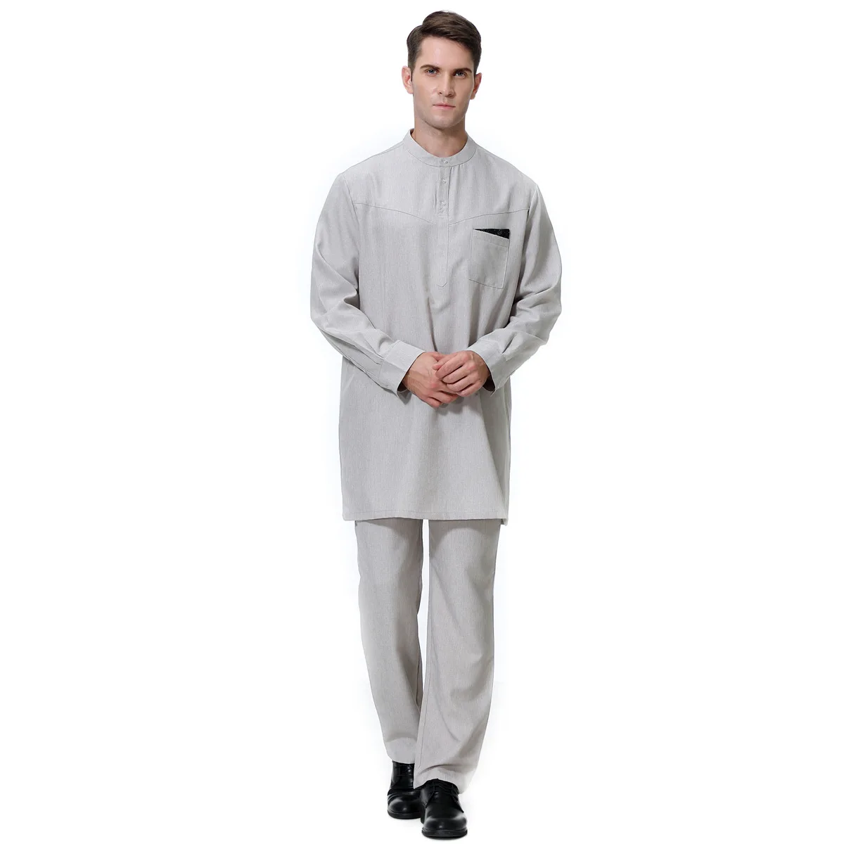 Saudi Arabia Muslim Men Jubba Thobe + Pant 2 Piece Set Djellaba Pakistan Kaftan Dubai Abaya Islamic Clothing Ramadan Worship