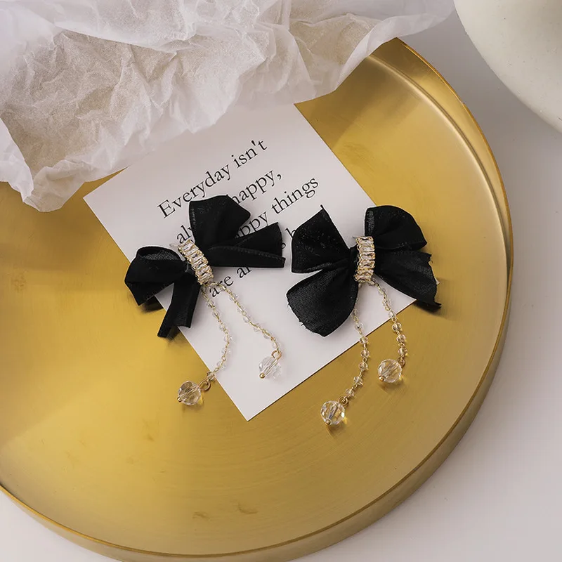 

LOVOACC Sweet Black Yarn Bowknot Earrings for Women Bling Crystal Rhinestone Long Tassel Tie Bow Dangle Earrings Oorbellen 2020