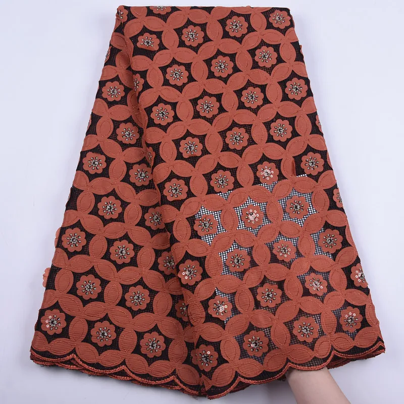 Вышитая африканская кружевная ткань с Оранжевыми Блестками 2020