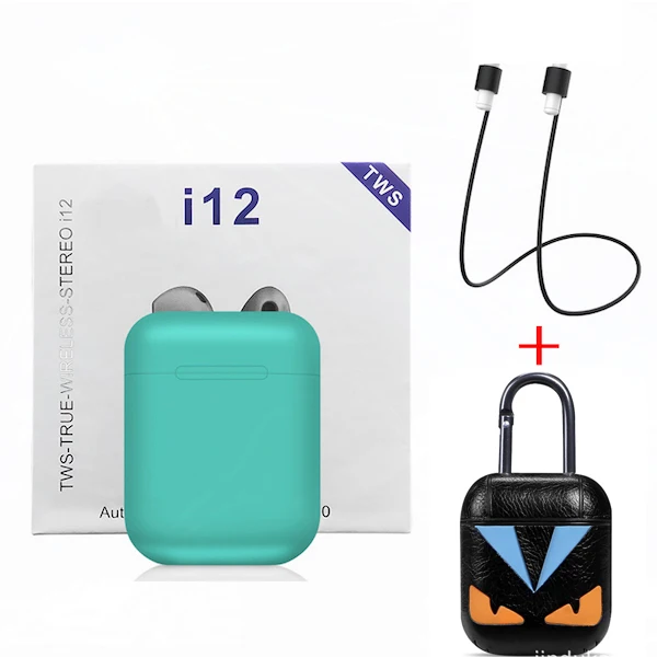 Green - Leather case Беспроводные Bluetooth наушники i12 TWS спорт телефон Bluetooth 5,0 наушники с наушниками аксессуары чехол для i7s i10 i13 i30 i20 TWS - Цвет: Green - Leather case
