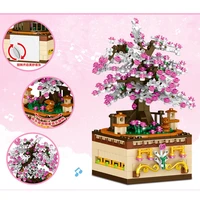 new 487pcs cherry blossoms tree music box rotating sakura building blocks technic bricks toys for children girl gift