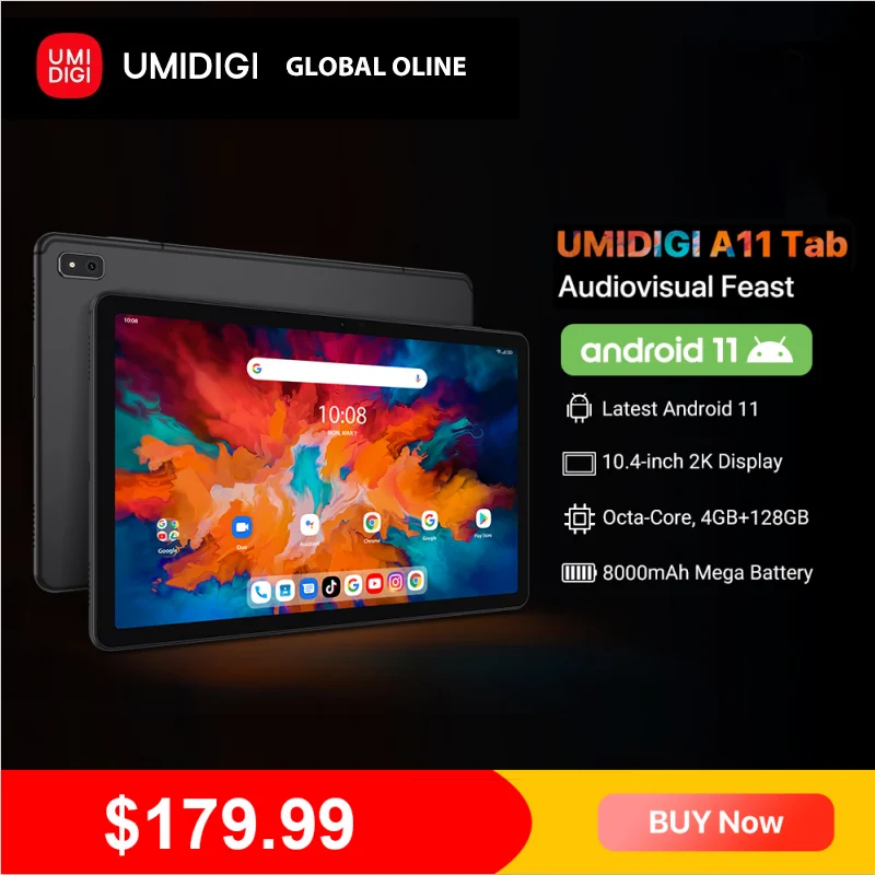 UMIDIGI A11 Tab Android 11 Octa Core 4GB 128GB 10.4" 2K Display Helio P22 8000mAh Mega Battery Tablet PC