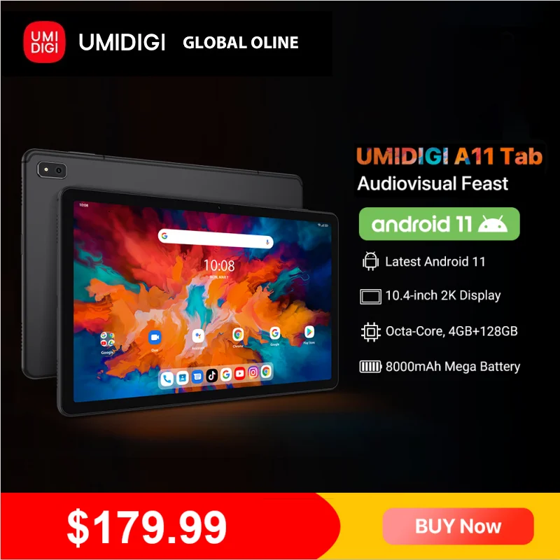 Планшет UMIDIGI A11 Tab Android 11 Восьмиядерный 4 Гб 128 ГБ 10 дюйма дисплей 2K Helio P22 8000 |