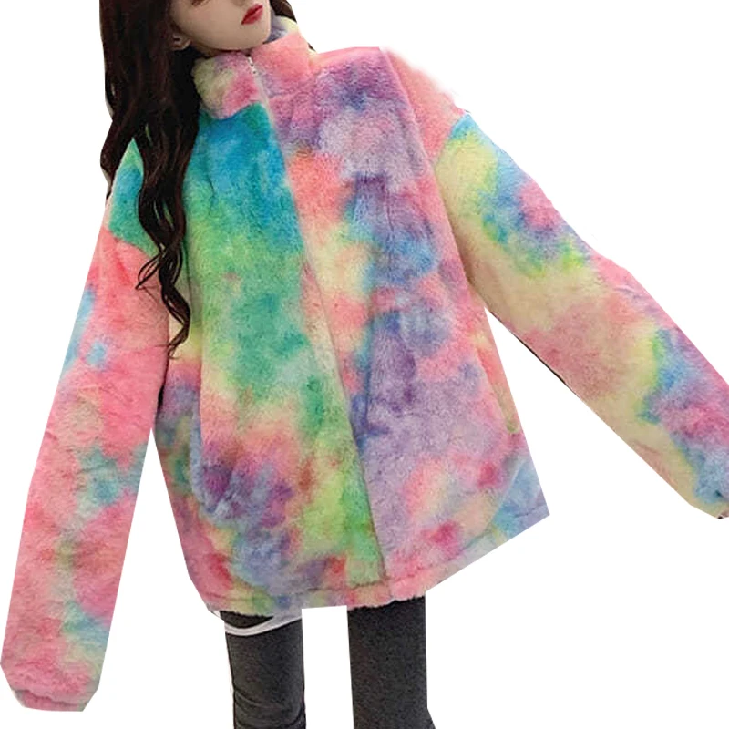 2021 New Winter Women Gradient Color Mid-Length Warm Plush Jacket Korean Style Loose Oversize Zipper Rainbow Warm Coat Plus Size