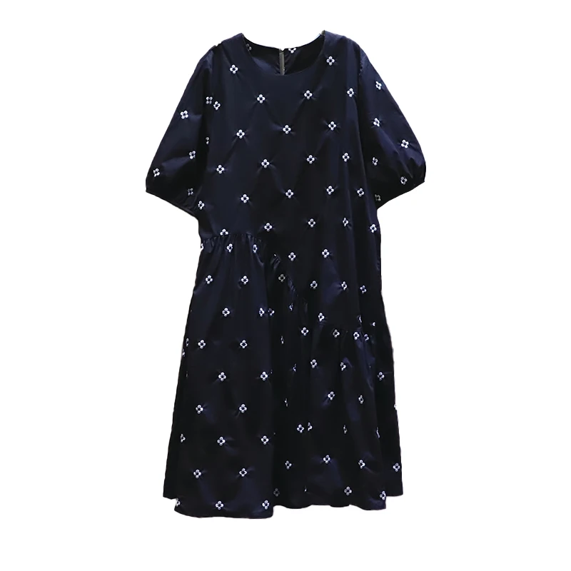 

IEQJ New Women's Dress Embroidery Bubble Sleeve Large Size Round Neck A-line Temperament Loose Fashion Tide Summer 2021 3Q010