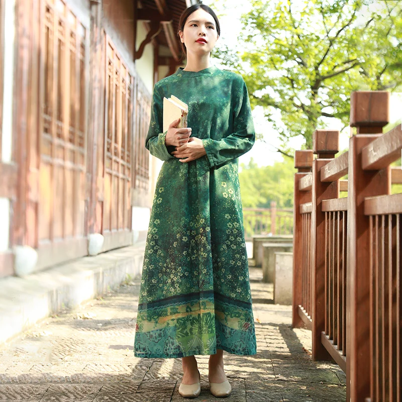 Женское длинное платье с поясом LZJN осеннее длинным рукавом и цветочным принтом