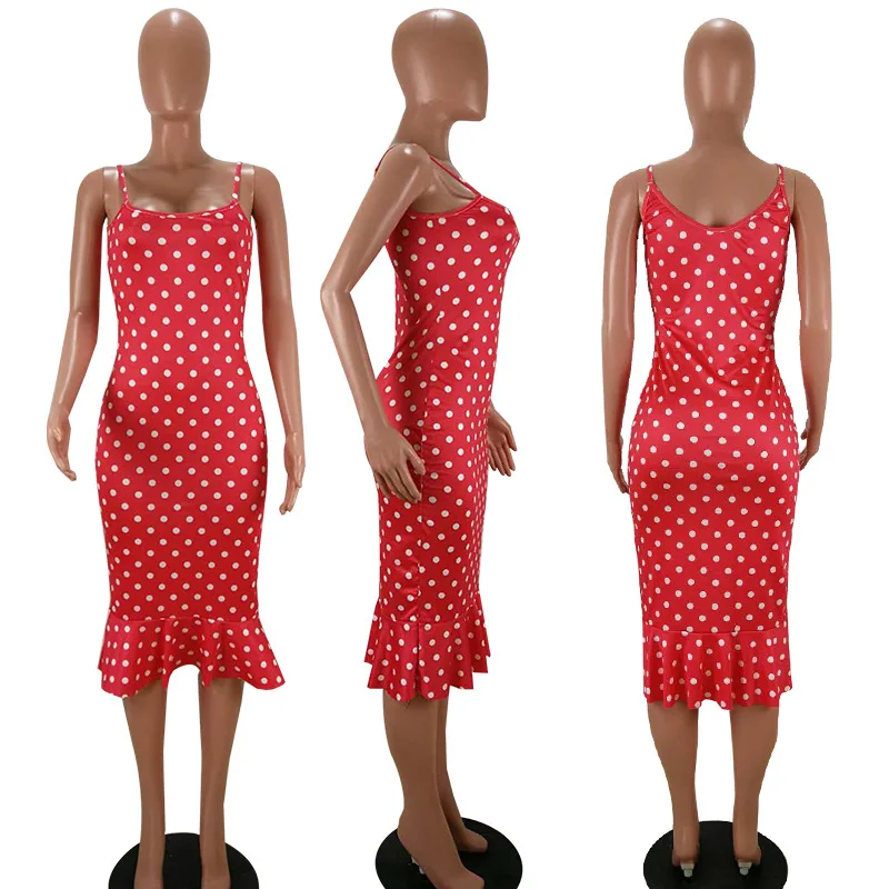 

Polka-Dot Print Sexy Mermaid Dress 2021 New Spaghetti Strap Open Back Bodycon Dress Summer Sleeveless Ruffles Beach Sundresses