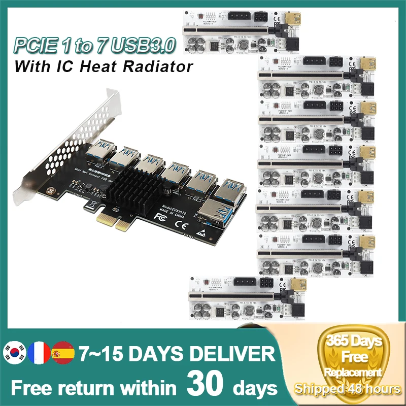 

PCIE 1 to 7 USB 3.0 Slot PCI-E PCI Express Riser Card 1x to 16x Multiplier Hub Adapter For Bitcoin Mining Miner BTC Devices