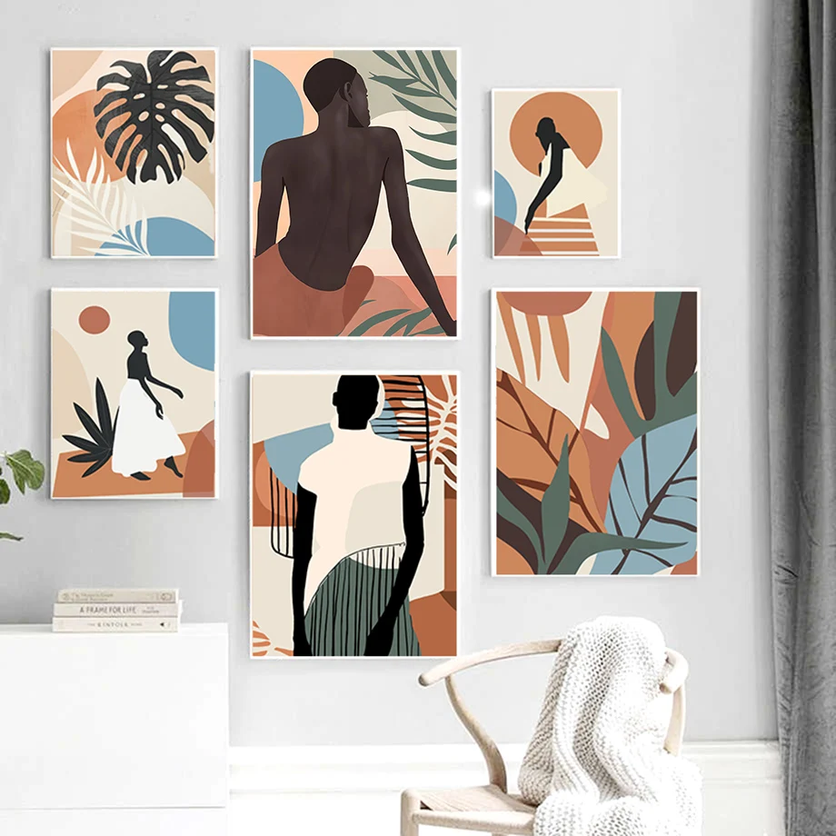 

African Woman River Monstera Palm Leaves Wall Art Canvas Painting Nordic Posters And Prints Wall Pictures For Living Room Decor