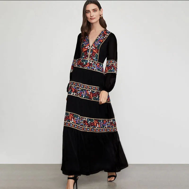 

KNOYEER Ethnic Floral Embroidery Maxi Dress For Women Spring Autumn Long Sleeve V Neck Boho Vestidos Party Cotton Loose Tunic