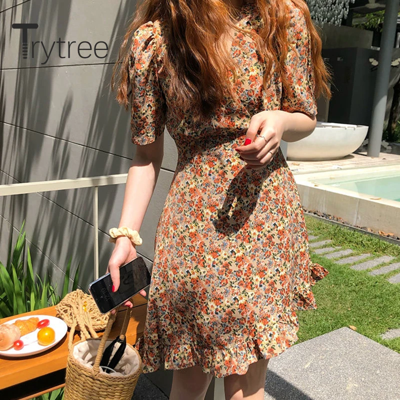 

Женское винтажное мини-платье Trytree, Элегантное повседневное ТРАПЕЦИЕВИДНОЕ ПЛАТЬЕ С v-образным вырезом, высокой талией и оборками, лето 2020