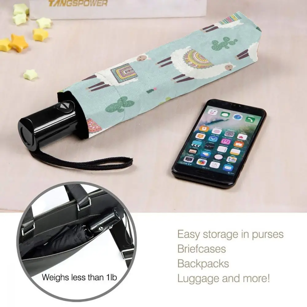 Ветронепроницаемый автоматический зонт с альпакой на голубом фоне, складной, для путешествий и автомобиля.