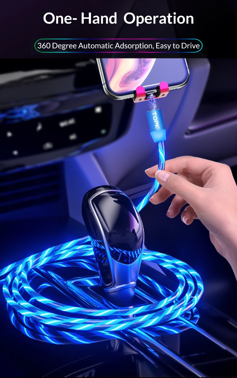 TOPK Flow светящийся Магнитный кабель Micro usb type C для iPhone XR Xs MAX 8 7Plus 5 магнитное зарядное устройство кабель для быстрой зарядки USB-C