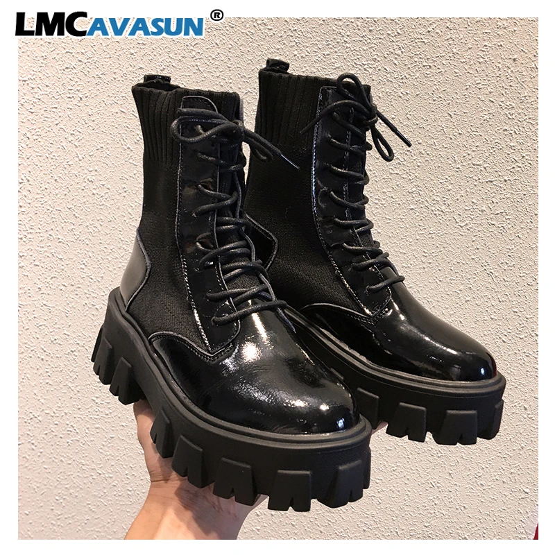 LMCAVASUN модные кожаные ботинки для женщин зимние теплые ботильоны на шнуровке
