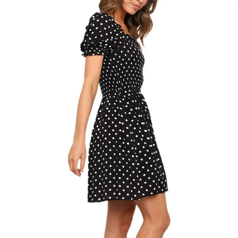 

Women sSummer Short Sleeve Polka Dot Mini Dress Casual Tunic Holiday Sundress