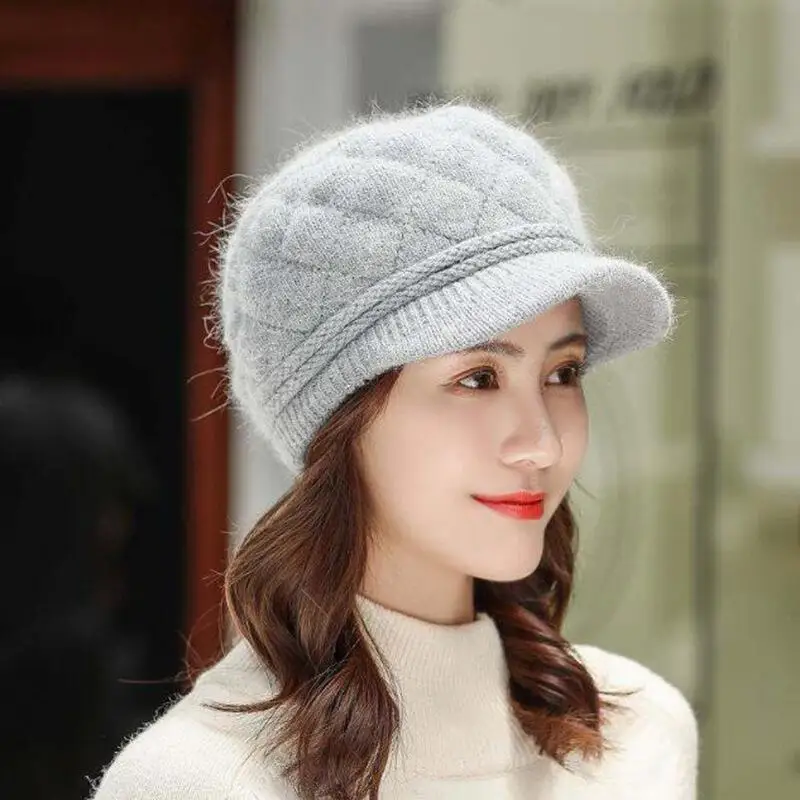 Autumn Winter Hats for Women Warm Thick Rabbit Fur Hats Women Newsboy Berets Ladies With Woolen Knitted Hat Female Caps