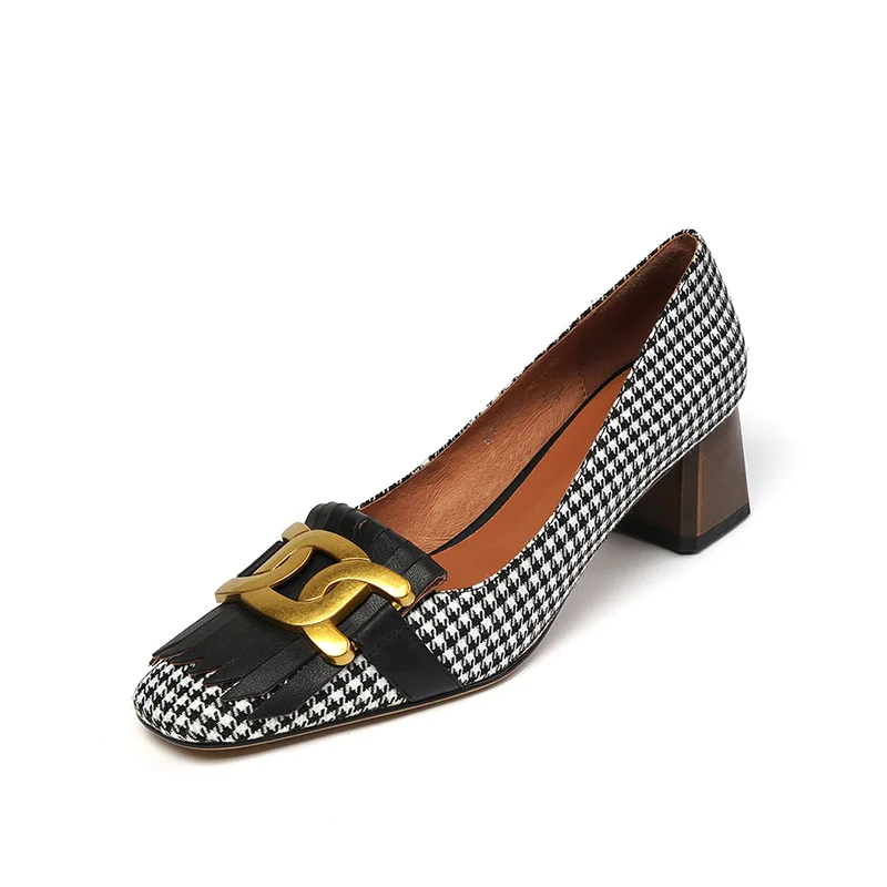 

Genuine Leather Shoes Women Fashion Tassel Beads Spring Pumps Square Toe Slip-On Casual Shoes Thick Heel Plus Size 34-39