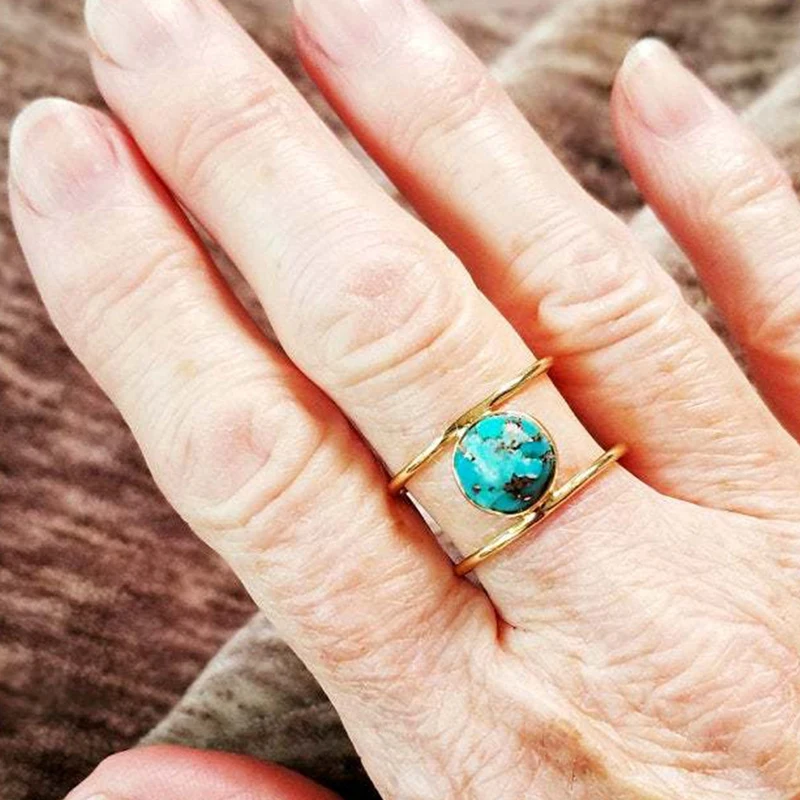 

New Hot 1pc Simple Retro Natural Turquoise Round Ring 6-10 Size Women's / Men's Antique Double-layer Ring Jewelry | Ring Gift