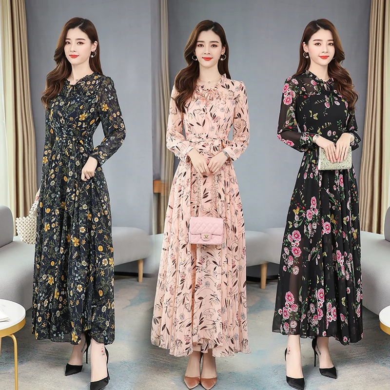 Женское шифоновое платье с длинным рукавом розовое повседневное длинное принтом