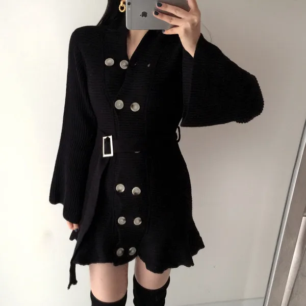 

Korean Ins Lightly Mature French Style Gentle Elegant Slim Double-Breasted V-neck Knitted Dress Skirt with Belt