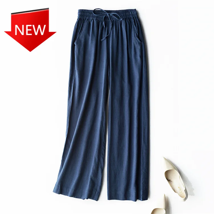 

High Elastic Waist Loose Casual Cotton and Linen Wide Leg Ankle-Length Pants New 2021 Women's Summer Trousers