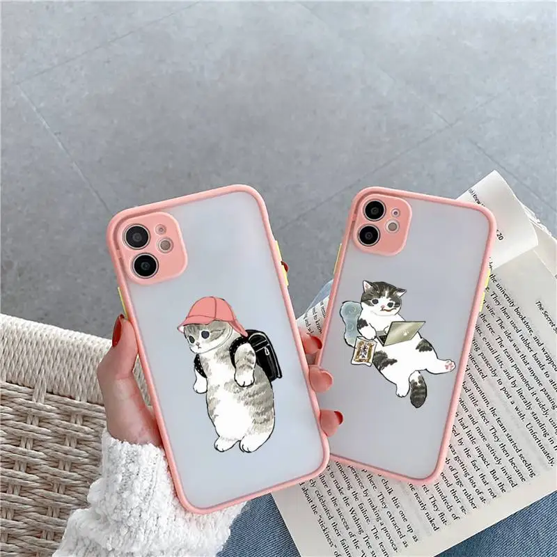 

Funny Cartoon Cat Phone Case For iPhone 12 11 Mini Pro XR XS Max 7 8 Plus X Matte transparent Pink Back Cover
