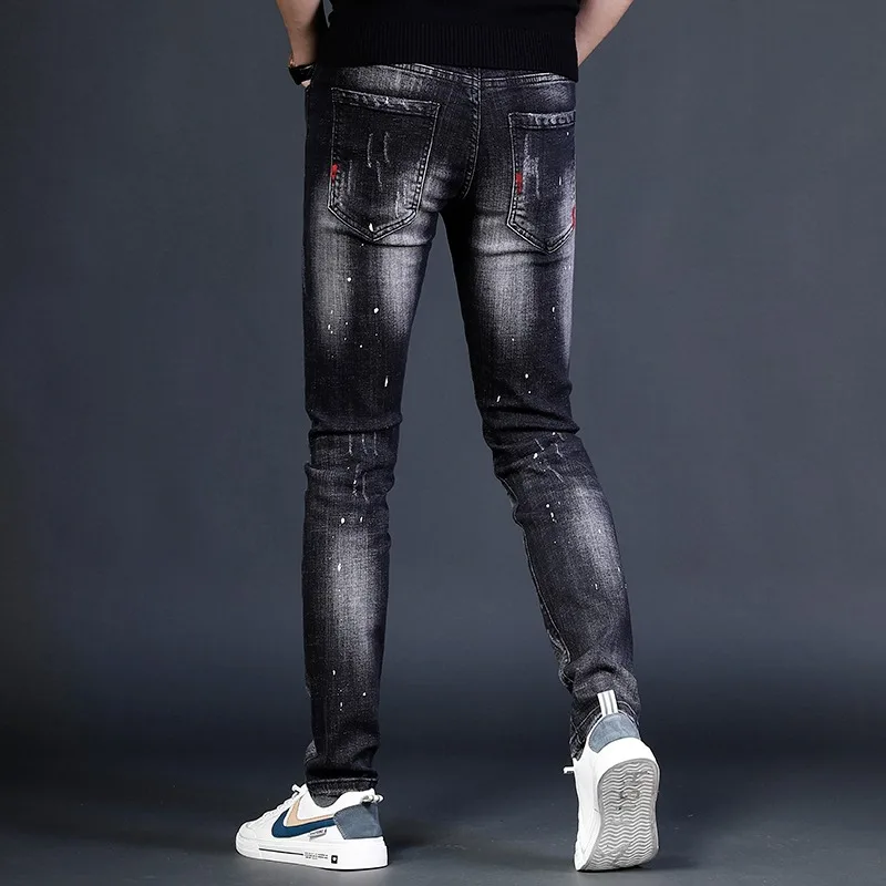 2022 Summer Black Ripped Patch Jeans Men Streetwear Dots Printed Pencil Pants Fashion Casual Slim Fit Denim Trousers