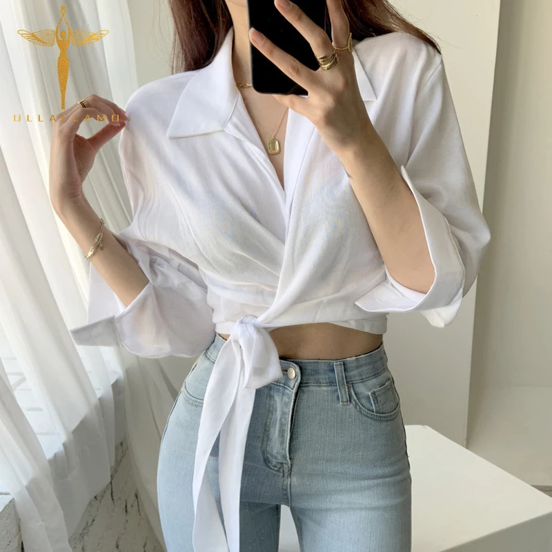

Женская элегантная белая блузка с расклешенными длинными рукавами, корейский кроп-топ с перекрестными шнуровками, тонкая женская рубашка в...