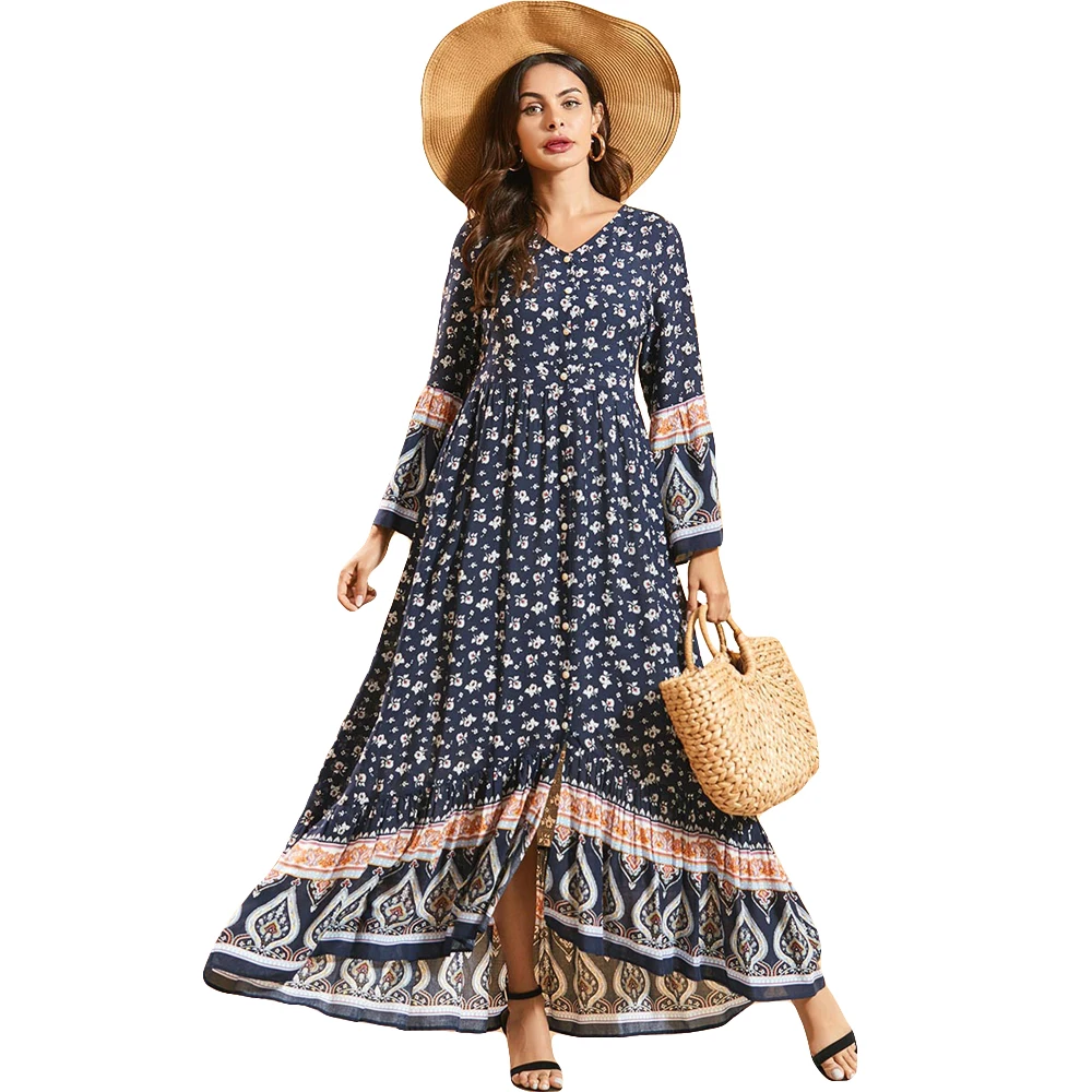

Muslim Women Arab Long Dress Floral Prtinted V-neck Maxi Robe Flare Sleeve Single-breasted Boho Sundress Loose Casual Fashion
