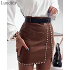 Облегающая Юбка из искусственной кожи с бусинами, женская сексуальная юбка-карандаш из искусственной кожи с завышенной талией