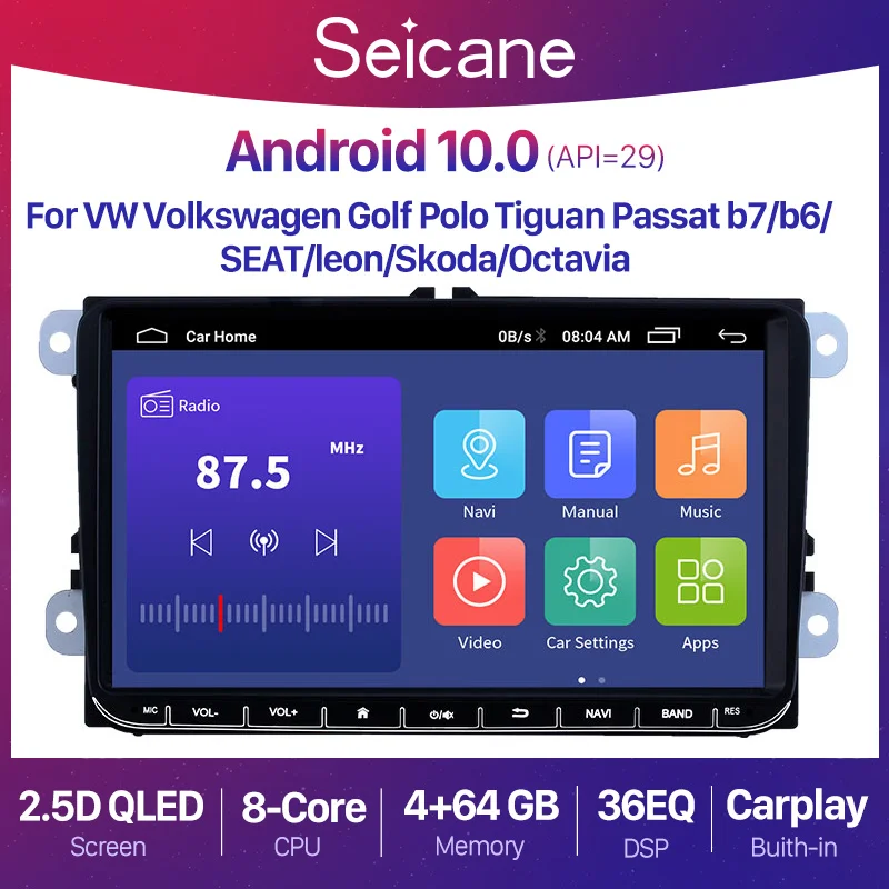 Автомагнитола Seicane проигрыватель на Android 10 4 + 64 ГБ с GPS для Volkswagen Golf Polo Tiguan Passat