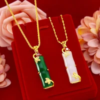 hoyon 24k pure gold color fashion necklace single pendant bamboo shape stone green emerald jade gemstone womens gift jewelry