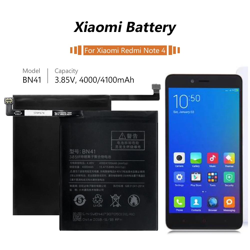 BN41 литиевая батарея для Xiaomi Redmi Note 4 Note4 BN 41 4100mAh Высокая емкость батареи